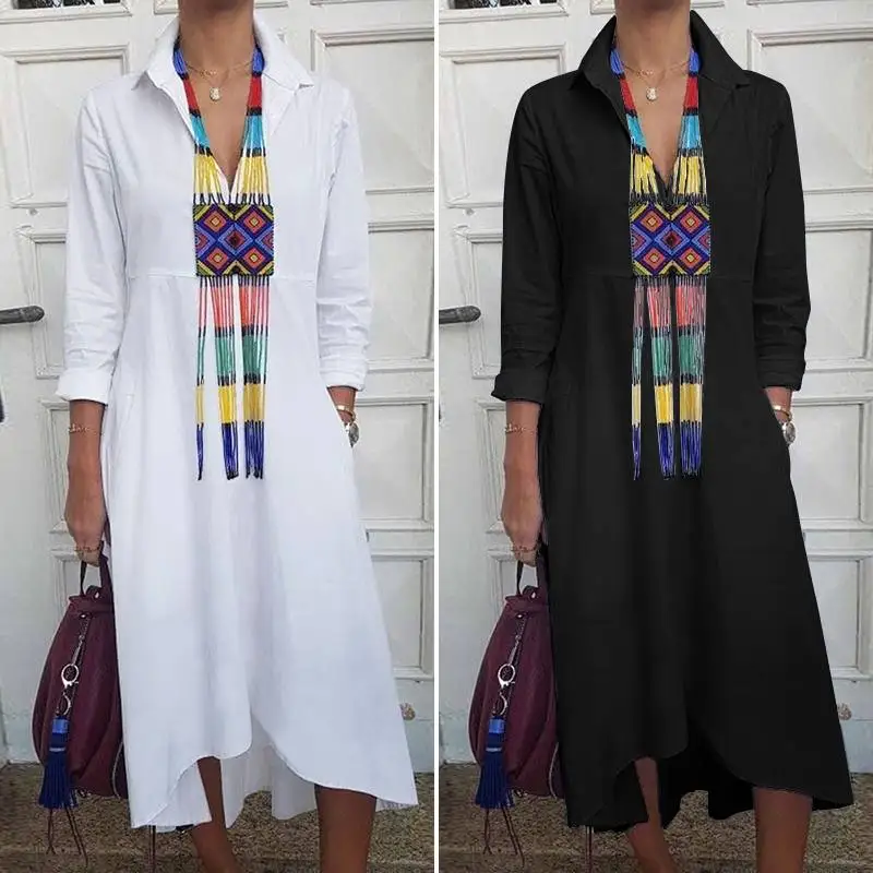 VONDA Elegant Dress Women Sundress Spring Summer Female Long Sleeve Lapel Neck Shirt Dress Long Robe Vestidos Plus Size
