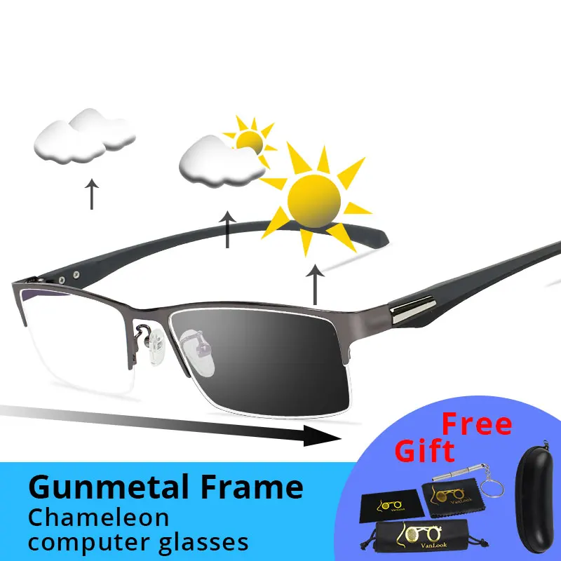 Gunmetal-0.00 Фотохромные очки Хамелеон Линзы Близорукость Blue Light Blocking Мужские компьютерные очки Игра на прицел-0,50-0,75-175-5,5-6 - Цвет оправы: Gunmetal-0.00