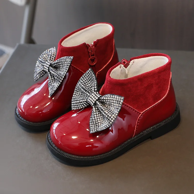 

Детская обувь для девочек, короткие ботинки, модная обувь для маленьких девочек с блестками и бантом, осенне-весенняя обувь для маленьких пр...
