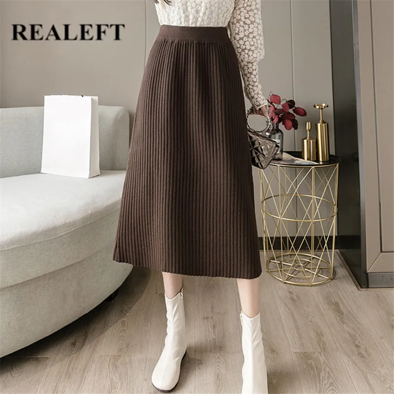 

REALEFT 2021 New Winter Women's Thicken Knitting Skirts Elegant Solid Color High Waist Umbrella Casual Midi A-Line Skirts Female