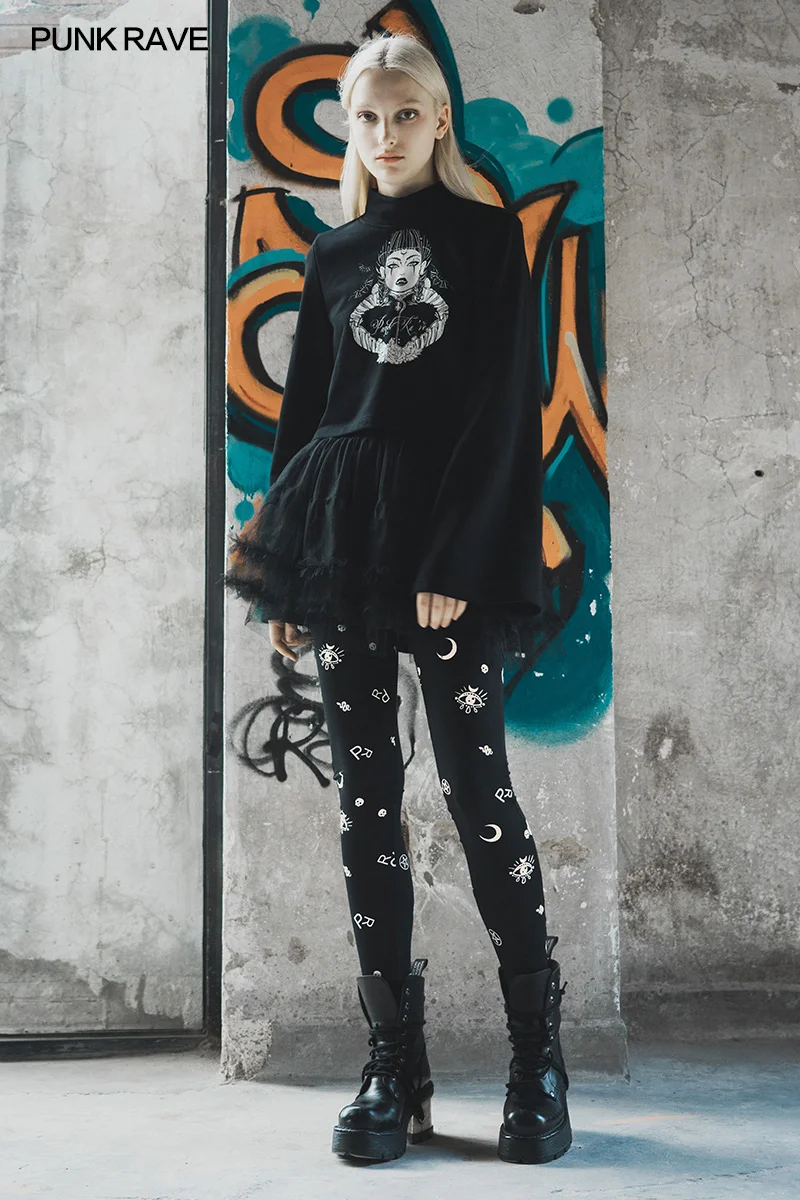 PUNK RAVE Women's Gothic Daily Dark Night Elves Moon Comic Printed Fitted Leggings Fashion Personality Womens Leggings