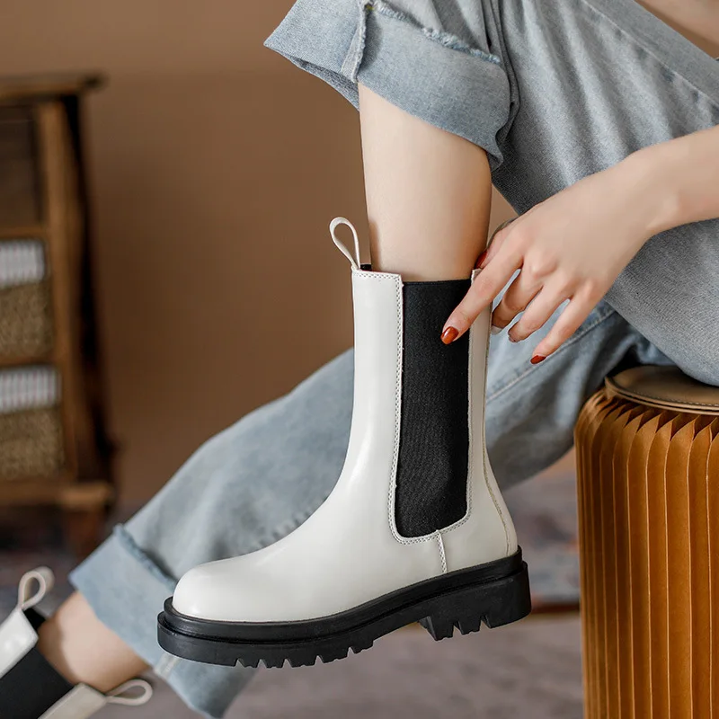 

Med Heel Boots Women's Rubber Shoes Rain Clogs Platform Leather Fabric PU Basic Hoof Women's Rubber Boots Clogs Platform Rain Me