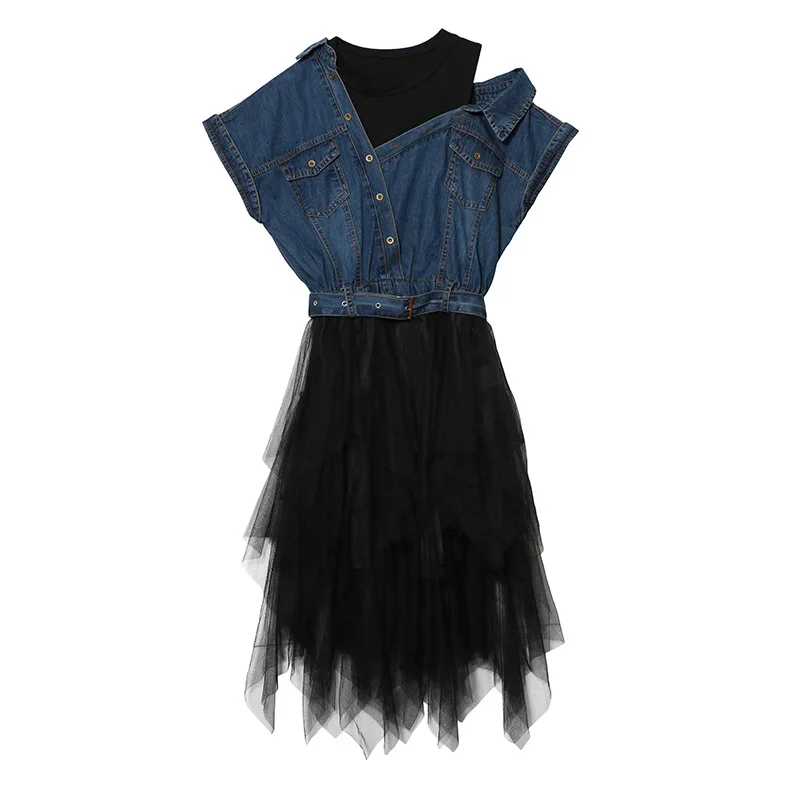 

2021 Summer Women Gauze Patchwork Short Sleeve O-Neck Hollow Out Denim Dress