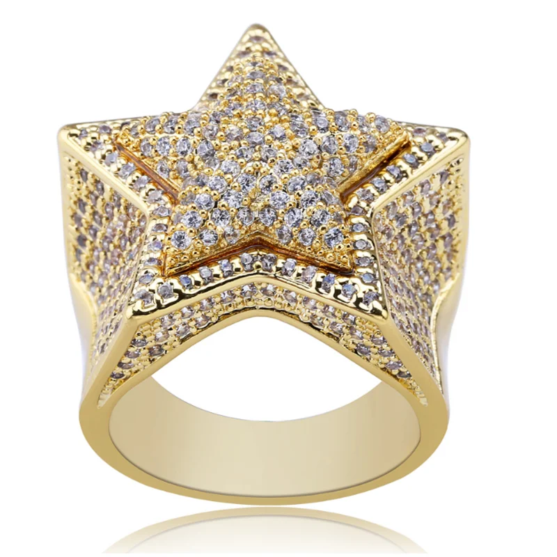 

Gold Color Fashion Ｎew Full AAA Zircon Star Cuban Ring Hip Hop Men's Jewelry Accessories