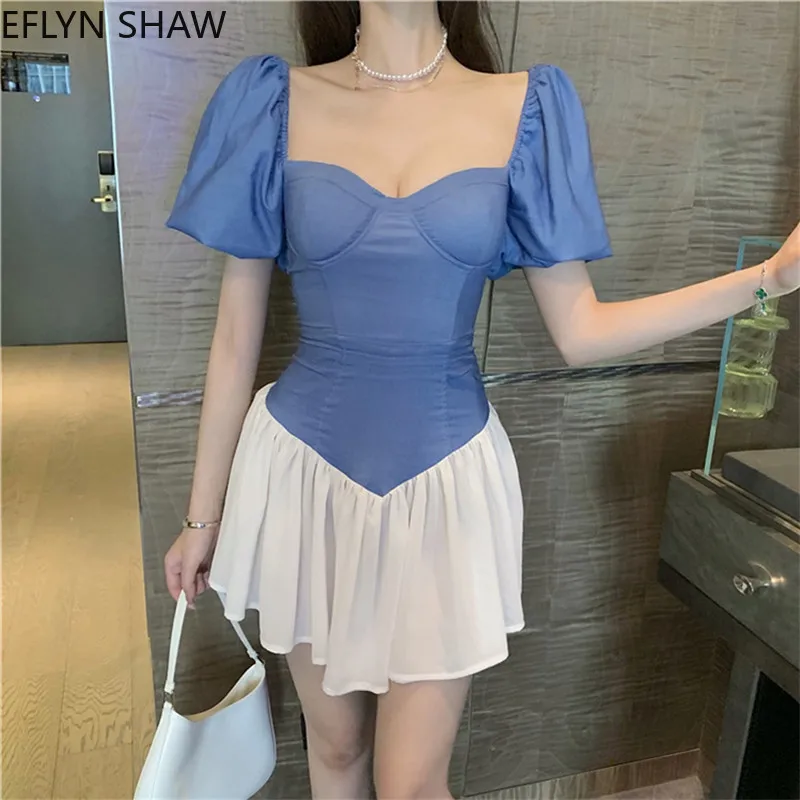 

Retro Printed Puff Sleeve Dress Female Summer Fashion High Waist Slim A-line Mini Swing Dress Square Collar Sheath Streetwear