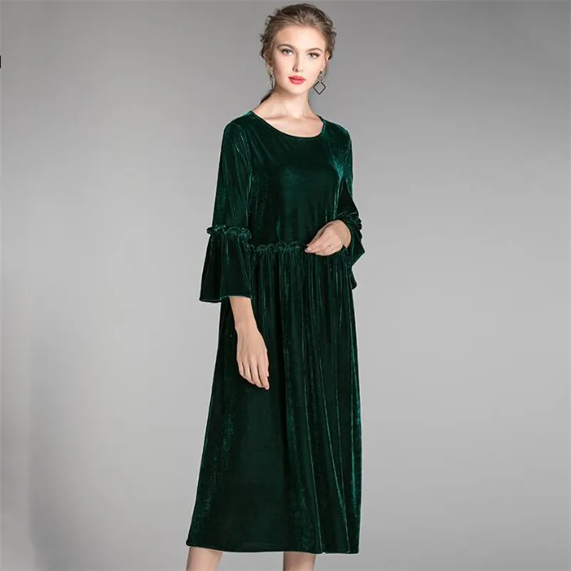 

Женское бархатное длинное платье, Элегантное зимнее платье, однотонное винтажное Макси-платье свободного кроя с расширяющимся книзу рукавом и круглым вырезом