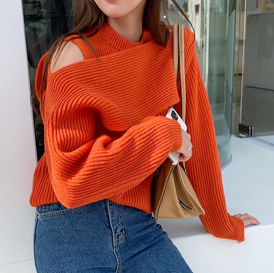 

Sweater Women Sexy Off-shoulder Sexy Knit Sweater 2021 Winter Jumpers Elegant Solid Full Slim Pullover Korean Chic Tops