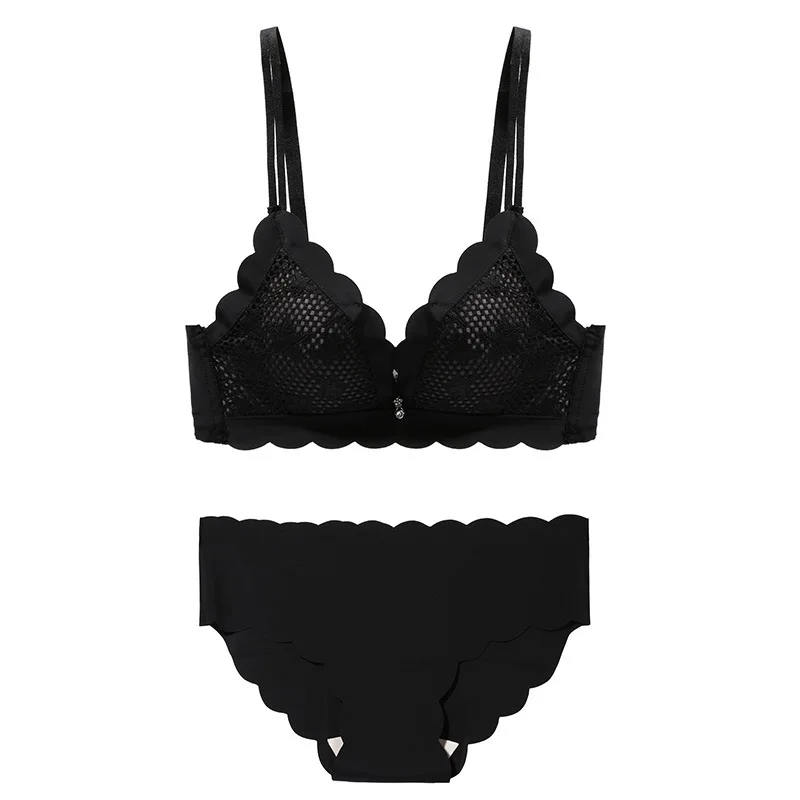 

Thin Sexy Gauze Gathering Bra Set Wavy Edge Adjustable Non-Steel Ring Underwear Women's