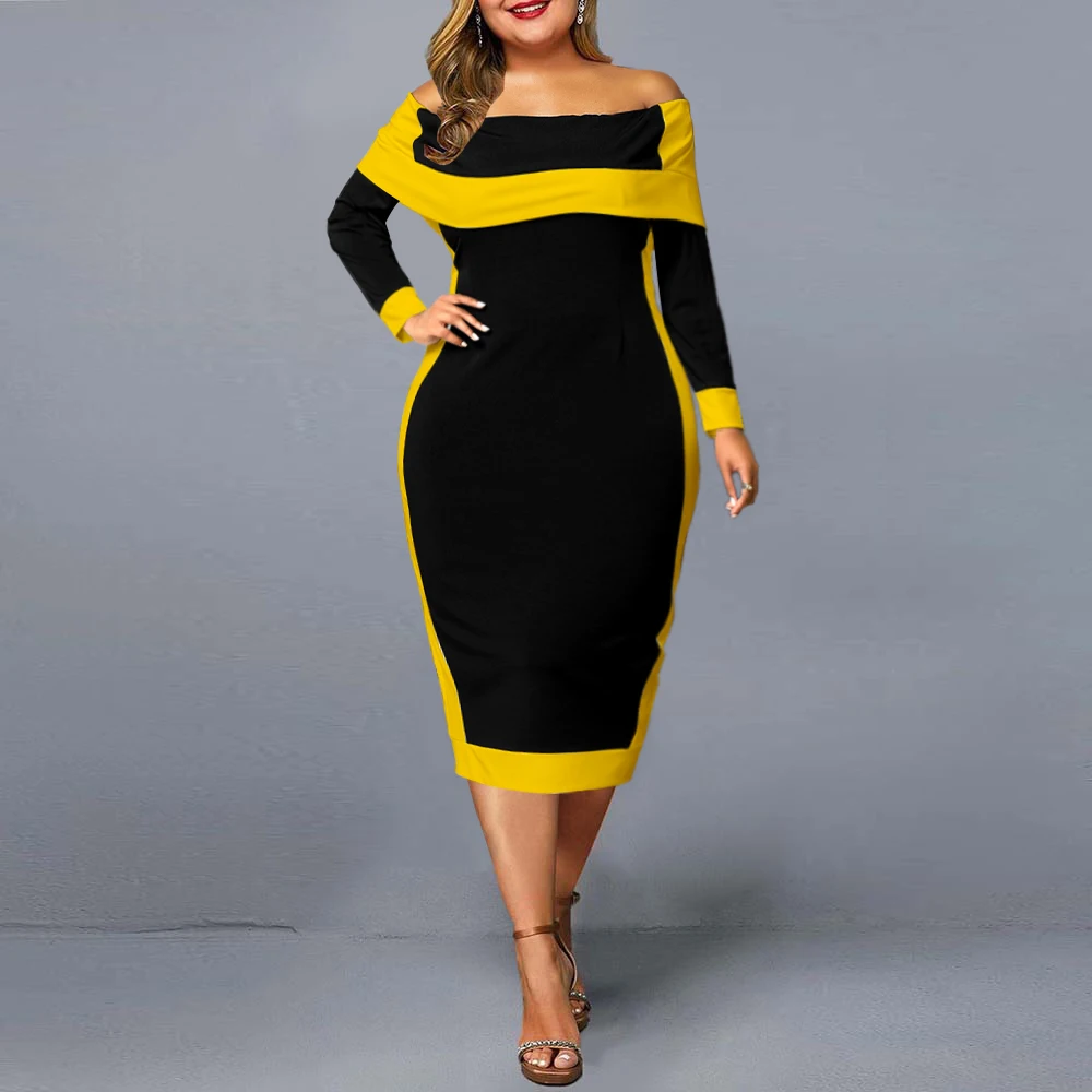 

Plus Size Dress Elegant 2021 New Women Off The Shoulder Mid Dresses Autumn Winter Lady Chic Christmas Club Party Dress Yellow