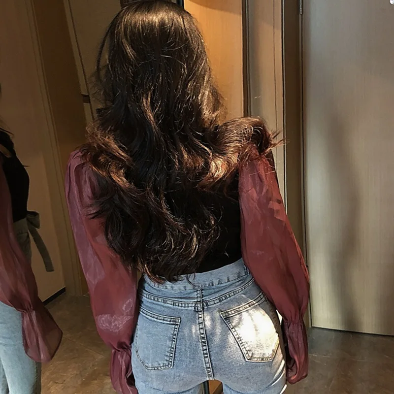 

Fashion Slim Sexy Square Collar Stitching Blouses Autumn Elegant Flared Sleeve Women Shirt 2021 Women Clothes