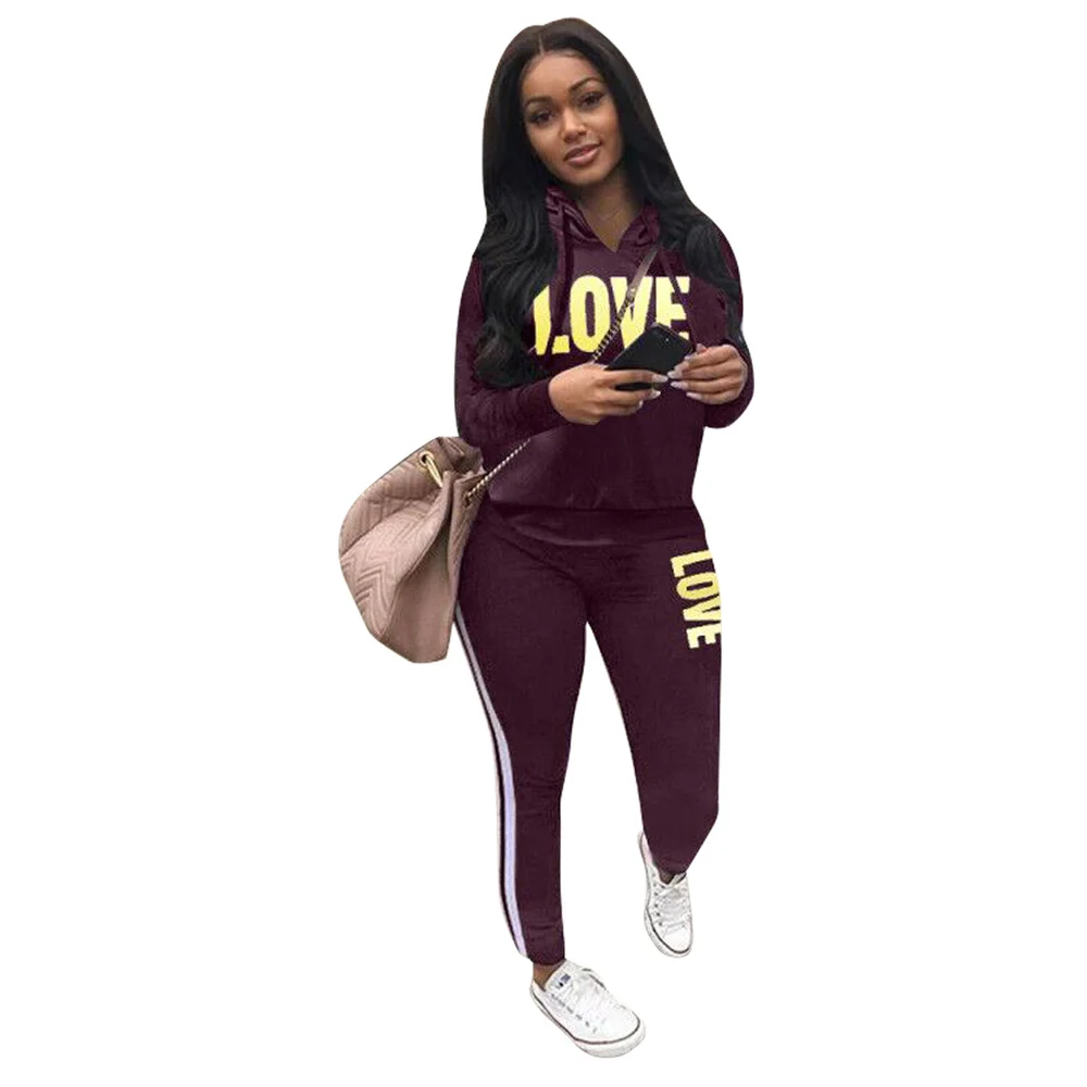 

Casual Fitness Two Piece Sweatsuit Women Love Letter Print Long Sleeve Hooded Sweatshirt+jogger Sweatpant Active Wear Tracksuits