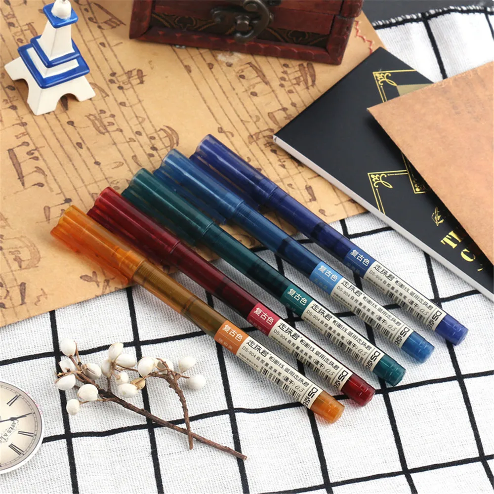 

5pcs Vintage Color Gel Pens 0.5mm Extra Fine Quick Drying Rolling Ball Pens Colorful Liquid Ink Writing Tools Office Supplies