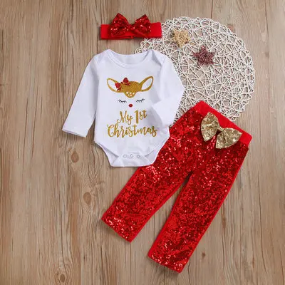 С надписью My First Christmas для маленьких девочек 3 шт./компл. повязка на голову с бантом+ футболка с длинным рукавом белый комбинезон с оленем+ блестящие красные штаны 1st Рождественская одежда наряды - Цвет: as per picture