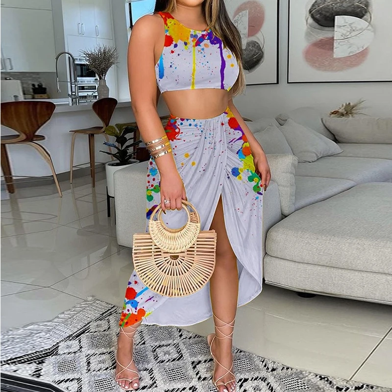 

Summer Women Sleeveless Short Vest & High Waist Long Skirt Casual 2 Piece Set Skirt Set