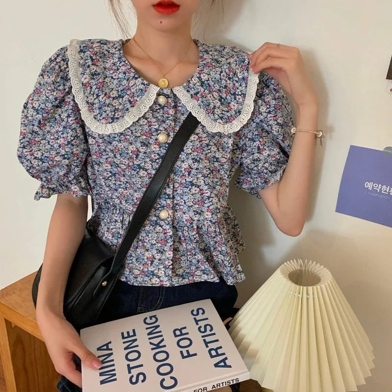 

Vintage Short Sleeve Tshirts Summer Korean Fashion Cottagecore Loose Lace Hem High Waist All-match Floral Tops Women's Clothes