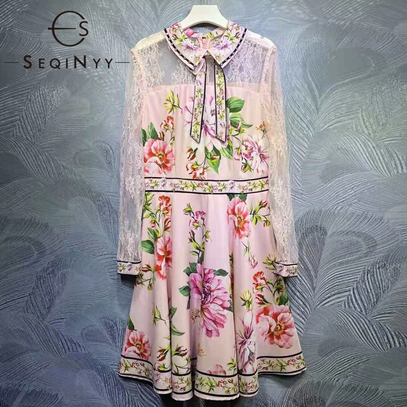 

SEQINYY Vintage Pink Dress Summer Spring New Fashion Design Women Runway High Quality Crystal Lace Flowers Print Mini Casual