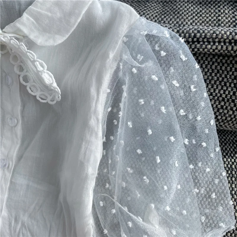 

2021 Spring New Girl's Shirt Korean Bowknot Gauze Sleeves Puff Sleeves Sweet Stitching Long Sleeved Doll Shirt