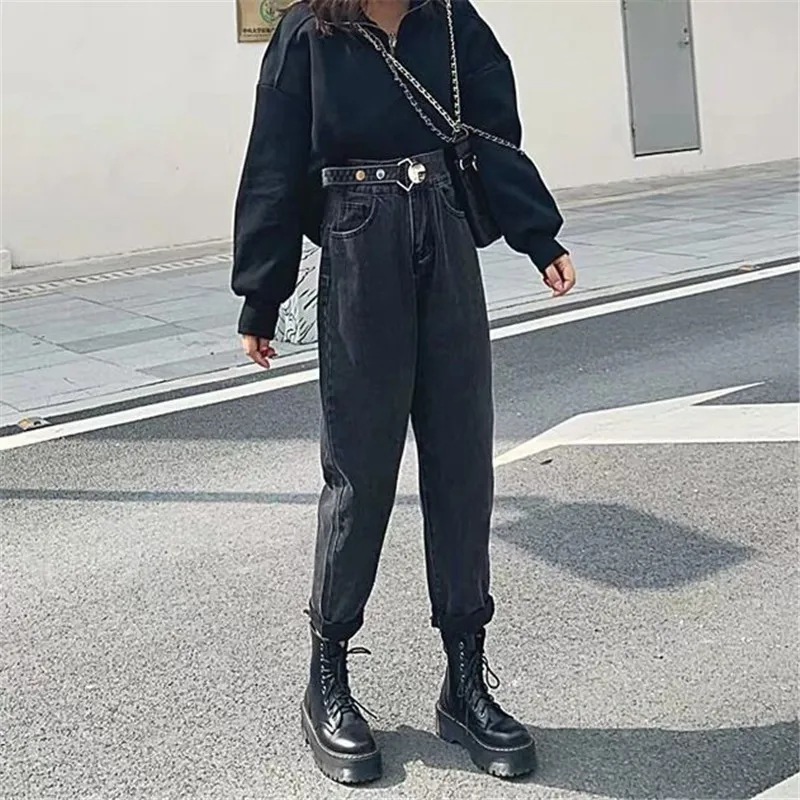 В винтажном стиле Из хлопка с высокой талией джинсы в для женщин бойфренда черный
