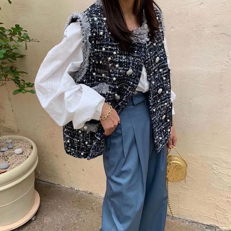 Возможно U женский твидовый розовый черный жилет без рукавов с круглым вырезом