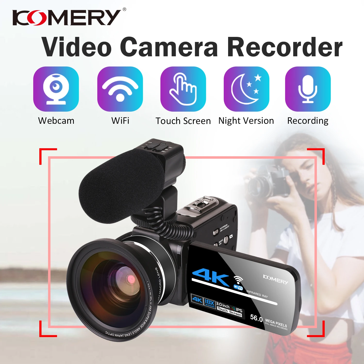 4K 56MP Video Camera Camcorder Vlogging Camera Webcam 3.0 Inch HD Touch Screen/Night Vision/Wifi External Microphone camera small external screen shoulder external screen for canon camera 6d2 replacement camera 6d2 screen