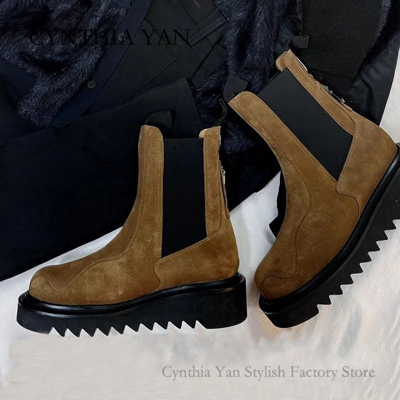 

2021 New Women's Nude Boots New Autumn Winter Round Toe Mid-heel Color Matching Short Thick-soled Motorcycle Casual Boots