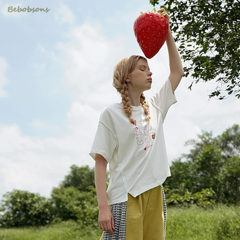 Женская хлопковая Футболка с круглым вырезом вышивкой коротким рукавом летняя