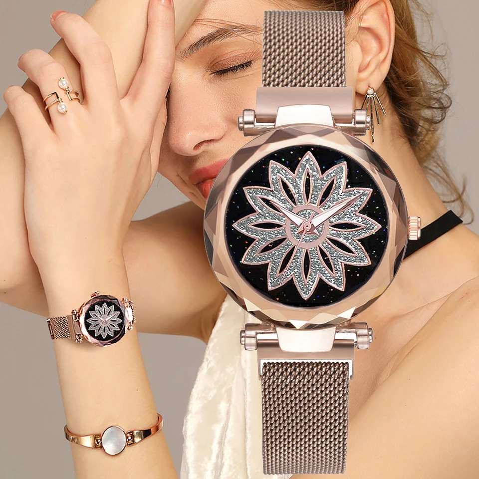 Free Shipping 2020 Fashion Flowers Elegant Women Creative Watches Luxury Rose Gold Mesh Magnet Buckle Qaurtz Cheap | Наручные часы