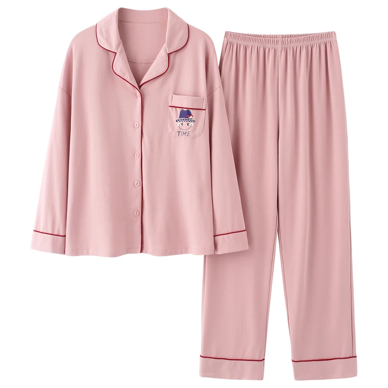 

Cute Cartoon Time Print Pocket Pajamas Sexy Cardigan Lapel Homewear Kawaii Pink Women Sleepwear Winter Cotton Warm Pajamas Set