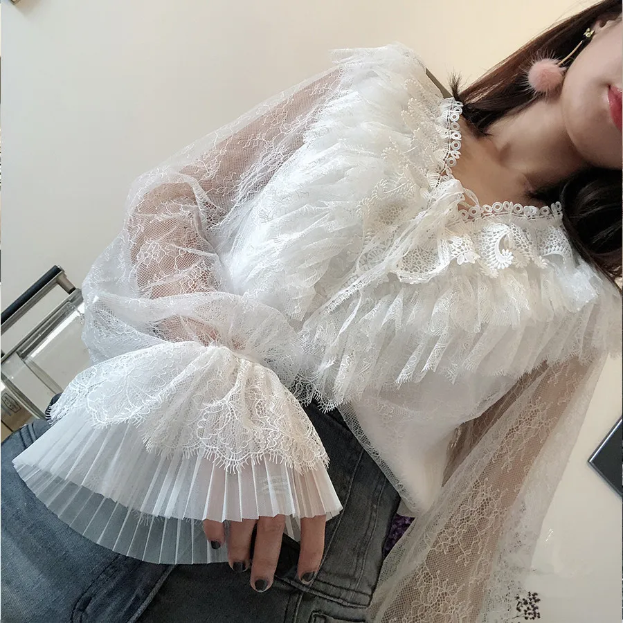 Милая женская кружевная блузка 2019 модная прозрачная с v-образным вырезом длинным