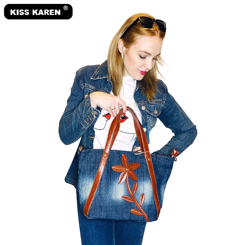 KISS KAREN винтажные Цветочные Джинсовые сумки-тоуты, женская сумка с верхней ручкой, женские сумки через плечо, джинсы, женские сумки, Повседневная модная сумка-тоут