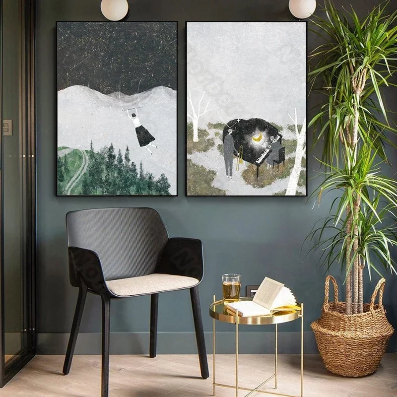 

Canvas Painting Poster Print Cartoon Boys and Girls In Fairyland Playing Piano for Girls' Bedroom Home Gallery Wall Decoration