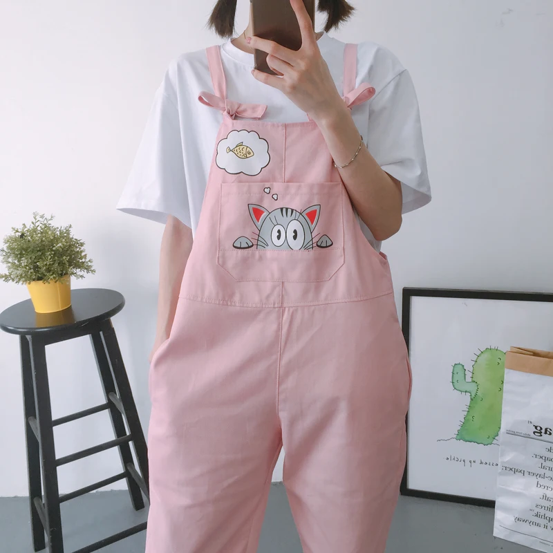 Женский школьный комбинезон Harajuku Kawaii в Корейском стиле с принтом кота и