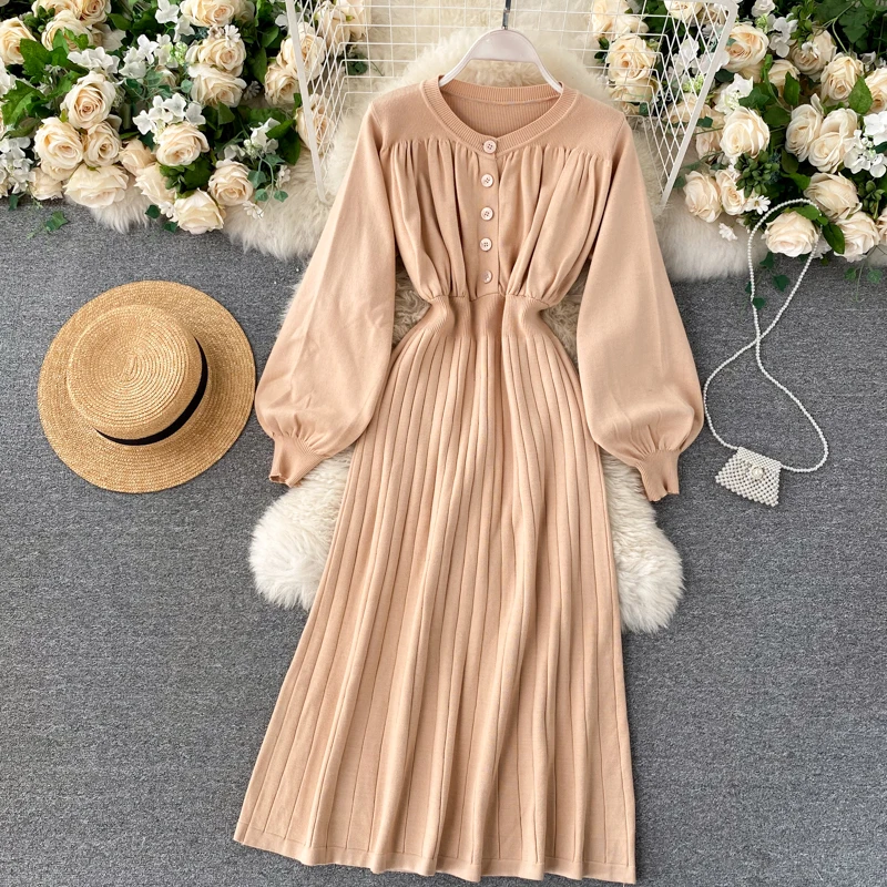 

Autumn Winter Feminine Puffy Sleeve Retro Single Breasted Knitted Sweater Dress