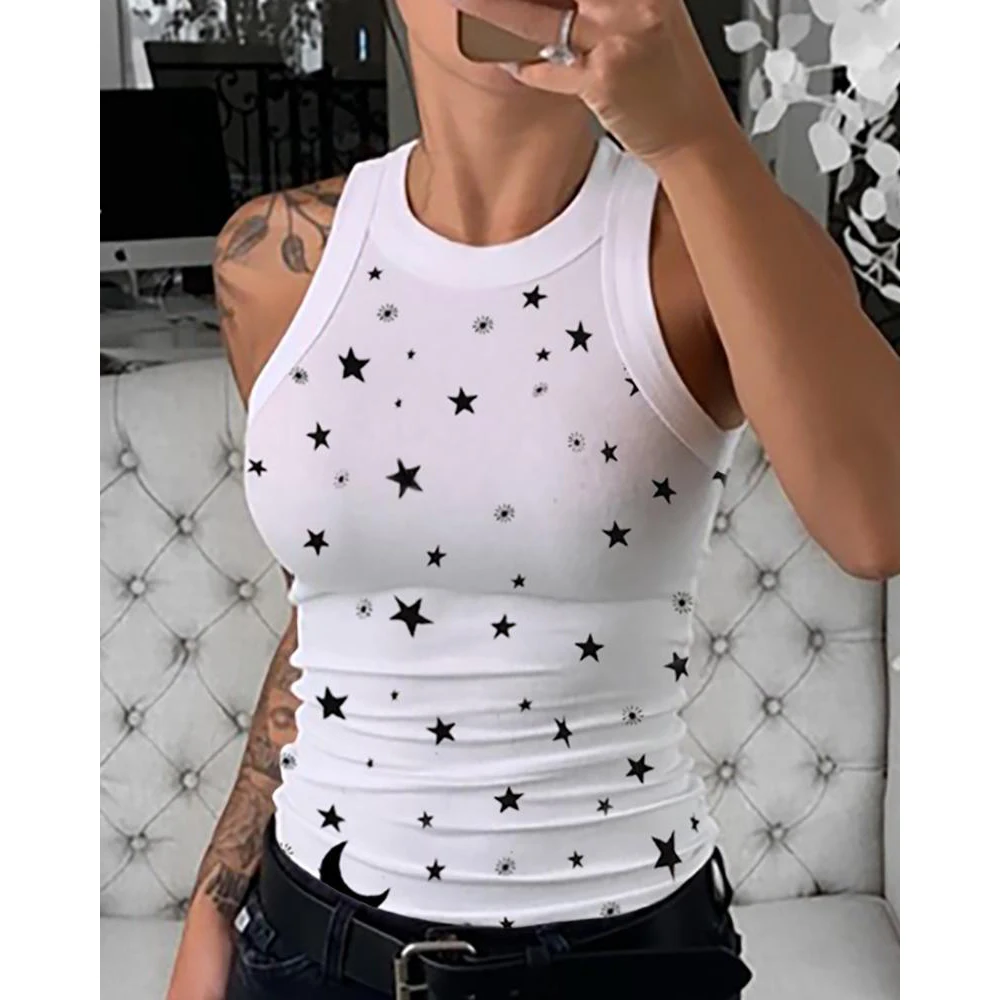 CYSINCOS Женская трикотажная блузка без рукавов с круглым вырезом рубашки лето 2020