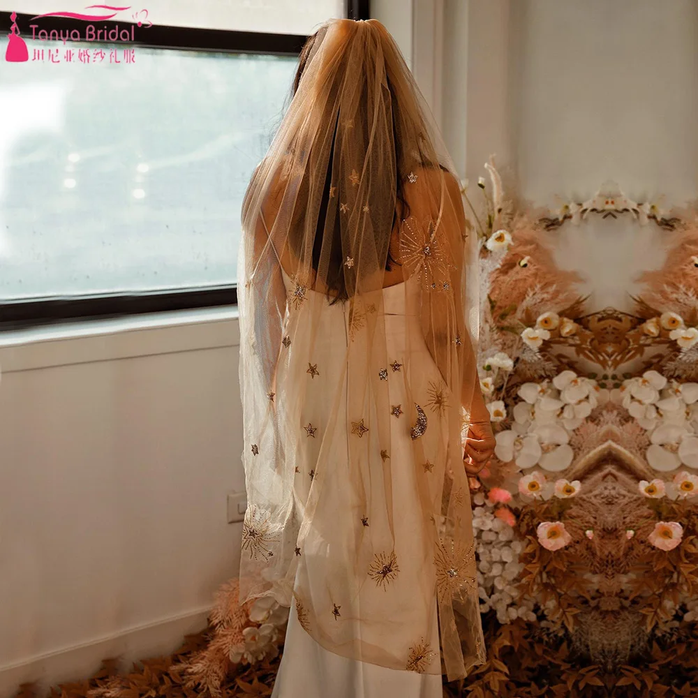 

Champagne Starlight Bohemian Veil Celestial Star Boho Tulle Veil Boho Wedding Veils ZV009