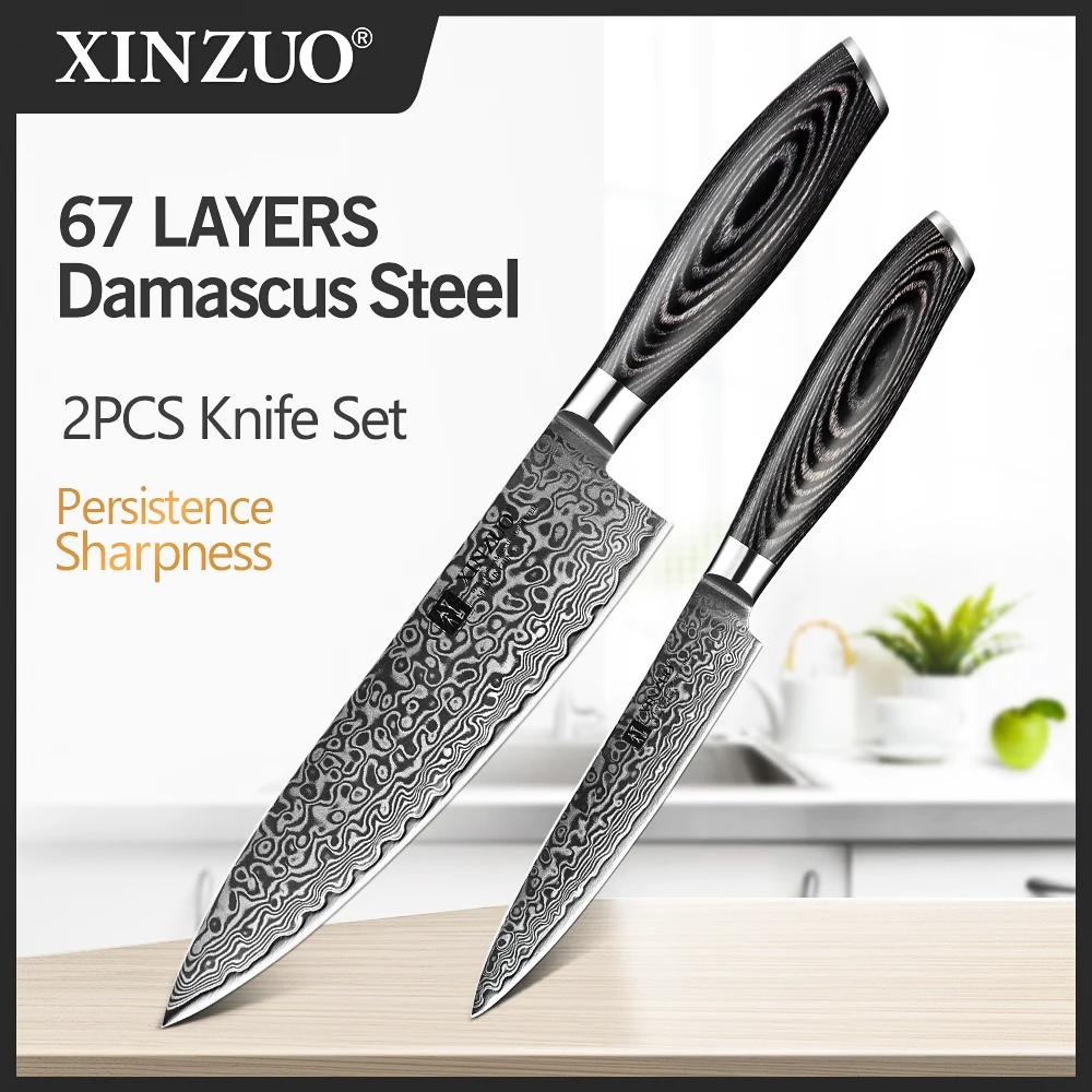 

XINZUO 2PCS Kitchen Knives Set 67 Layers Damascus High Carbon 8'' Chef &5'' Utility Knife Stainless Steel with Pakkawood Handle