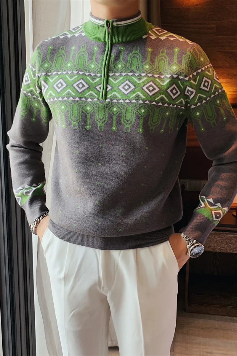 

Mock-neck Sweaters Zipper Men Pullover Homme Knitwear 2021 Autumn Winter Male Argyle Long Sleeve Casual Slim Fit Knitwear Tops