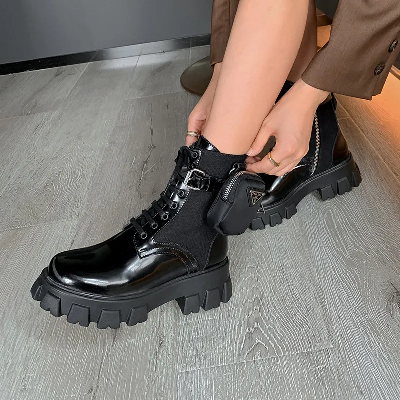 

LeShion Of Chanmeb Luxury Brand Pocket Boots Women Lace up Genuine Leather Boots Lady Ins Hot Trendy Flat Platforms Gothic Shoes