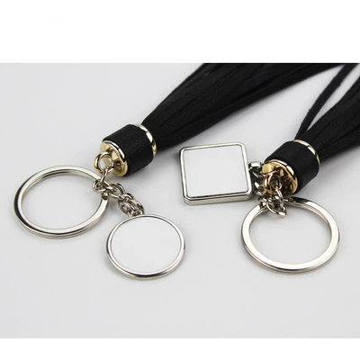 sublimation blank black long tassels keychains square round key ring hot transfer printing consumables DIY gifts 15pcs/lot