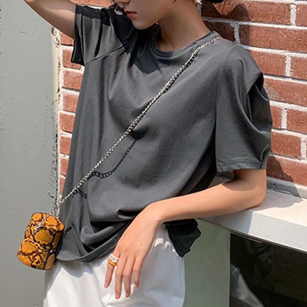 

2021 Summer Korean Fashion New T-Shirt Temperament Simple Loose Round Neck Solid Color Puff Sleeves All-match Hot Sale Top