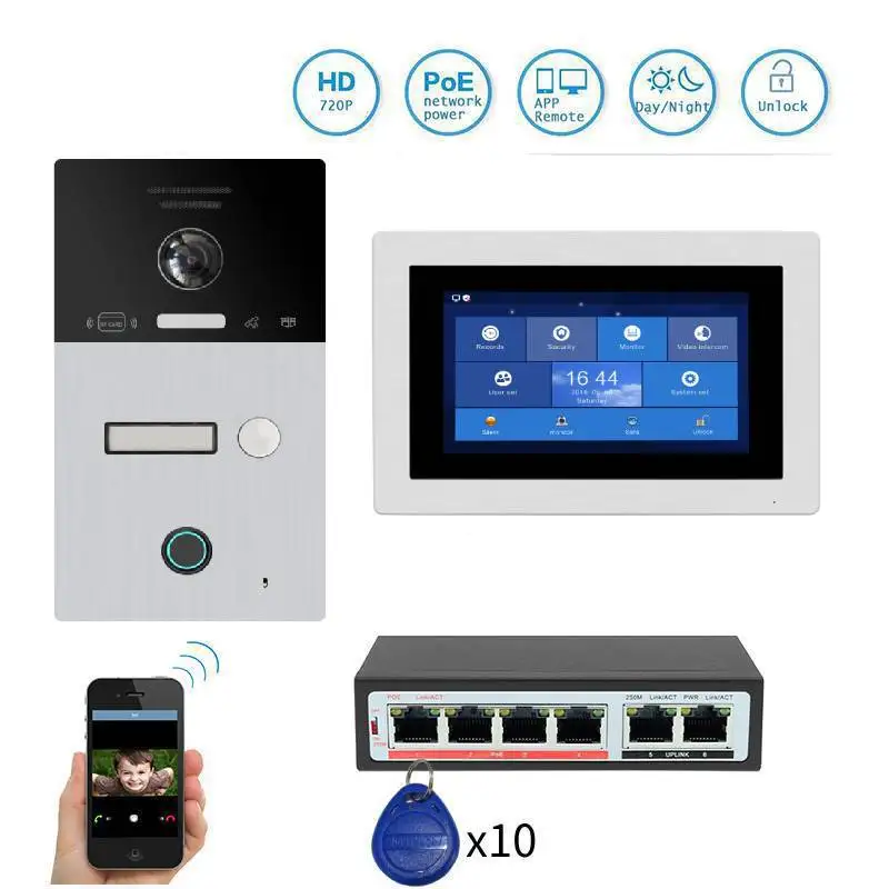POE 720P WIFI IP 1 2 3 квартира 7 "отпечатков пальцев видеодомофон Набор для записи