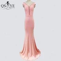 long pink evening dress mermaid cap sleeves prom gown v neck stretch party dress lace tie formal dress backless women slim gown