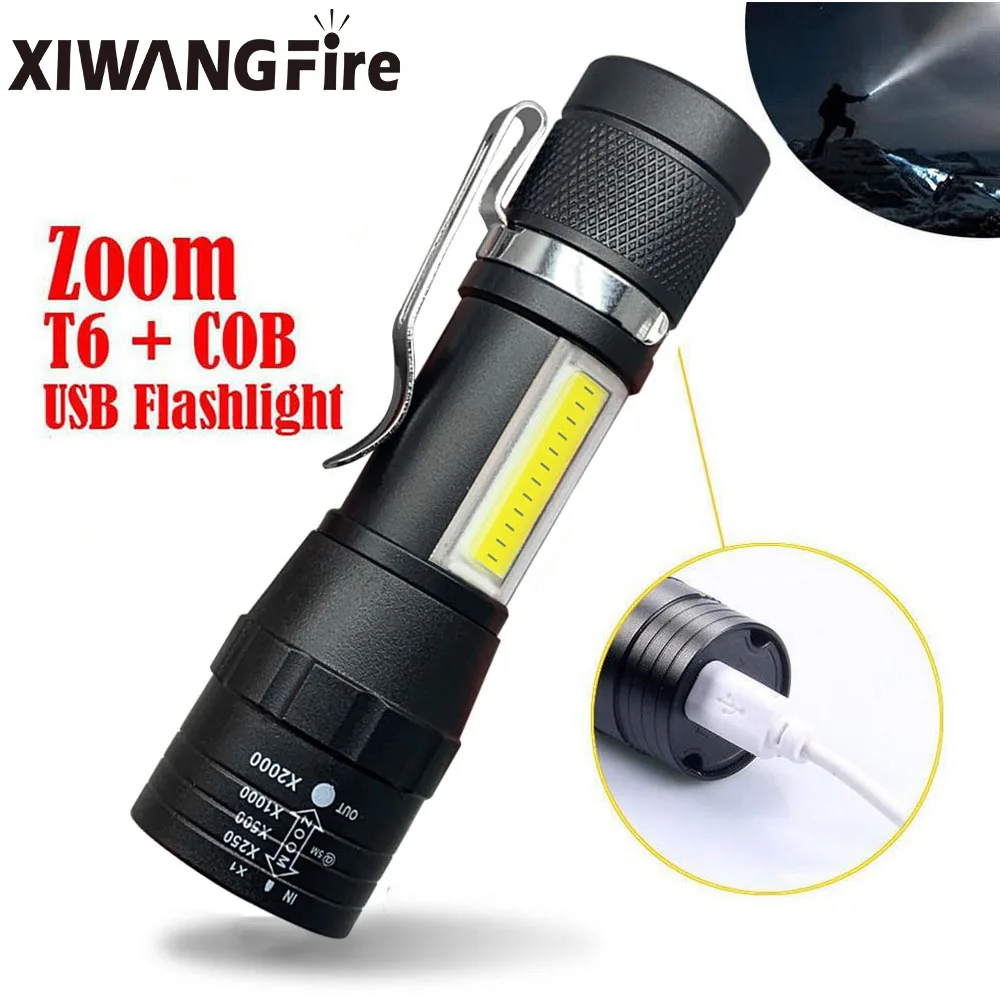 

Portable LED Flashlight T6 COB Light Rechargeable Flashlight Built-in Battery Zoom Flashlight 3 Mode Waterproof Emergency Torch
