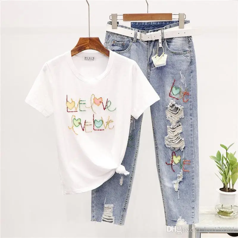 

new fashion womens two piece sets pin bead letter T-shirt + two piece suit of luxury ripped nine point jeans Women's two