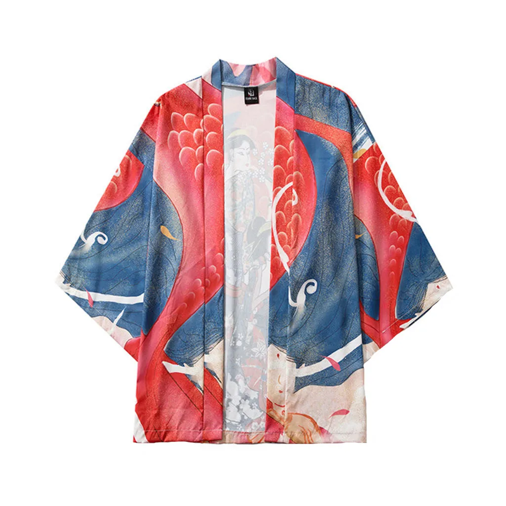 Летнее мужское кимоно рубашка размера плюс японское кардиган с рисунком рыбы
