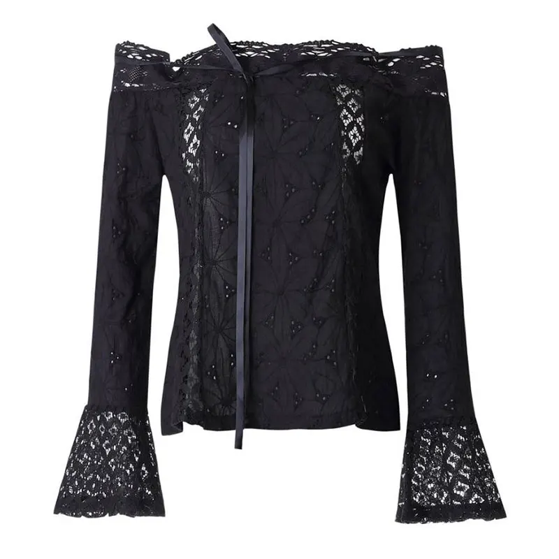 

Spring Sexy Hollow Out Lace Blouse Shirt Women Flare Sleeve Floral White Blouses Female Elegant Slash Neck Blouse Beach Shirts