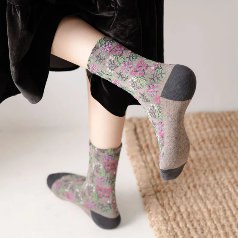 3 Pair Middle Tube Women Socks Set Harajuku Long Winter Warm Socks Cotton Fashion Kawaii Korean Style Print Flower Femme Socken