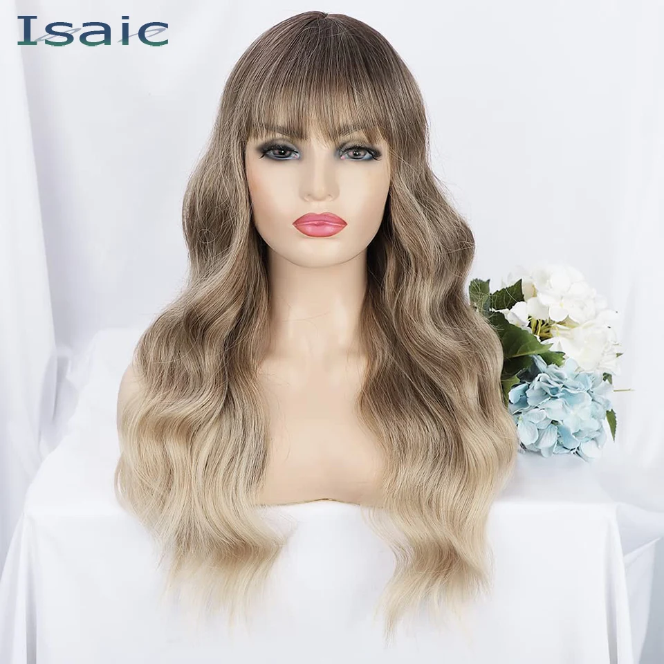 

Длинный волнистый синтетический парик isaida с эффектом омбре, коричневые парики с челкой для женщин, темно-коричневый парик, термостойкие вол...