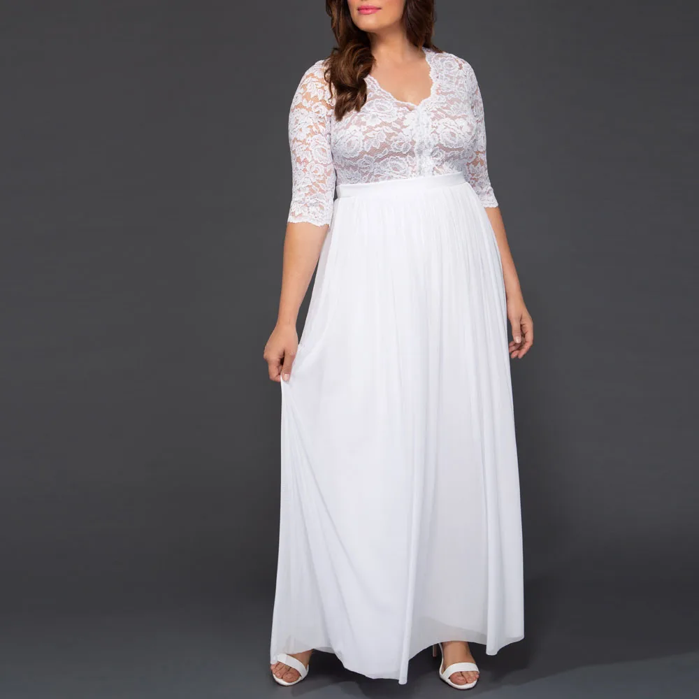 

Hot Sale Charming Holy White Lace Mother of the Bride Dresses Plus Size V Neck with 3/4 Sleeve Wedding Party Gowns Illusion Back