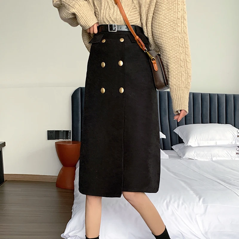 

High Waist Belted Woolen Skirts for Women Winter Vintage Thicken Double-breasted Female Skirts Casual Streetwear A-line Skirts